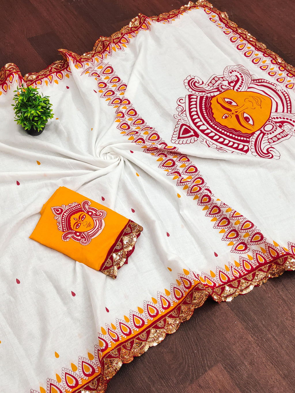 New White colour Special Traditional  Hit Design Pure Cotton Mulmul Saree Durga With Hevy Lace Border (Copy) (Copy) (Copy) (Copy)