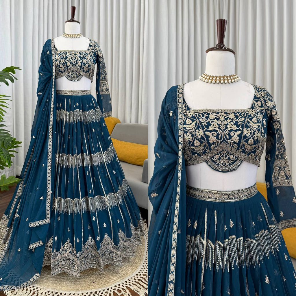 Teal Blue Colour Faux Georgette Fabric Thread Embroidery Lehenga Choli
