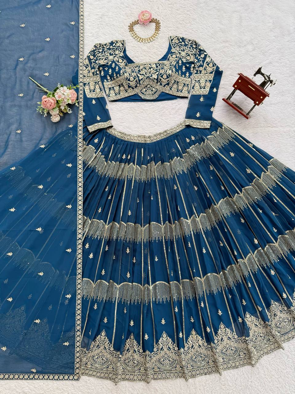 Teal Blue Colour Faux Georgette Fabric Thread Embroidery Lehenga Choli