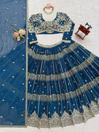 Teal Blue Colour Faux Georgette Fabric Thread Embroidery Lehenga Choli