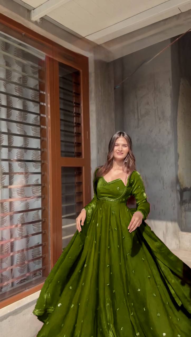 Green Colour Anarkali Gown And Pant With Dupatta Set