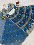 Teal Blue Colour Faux Georgette Fabric Thread Embroidery Lehenga Choli