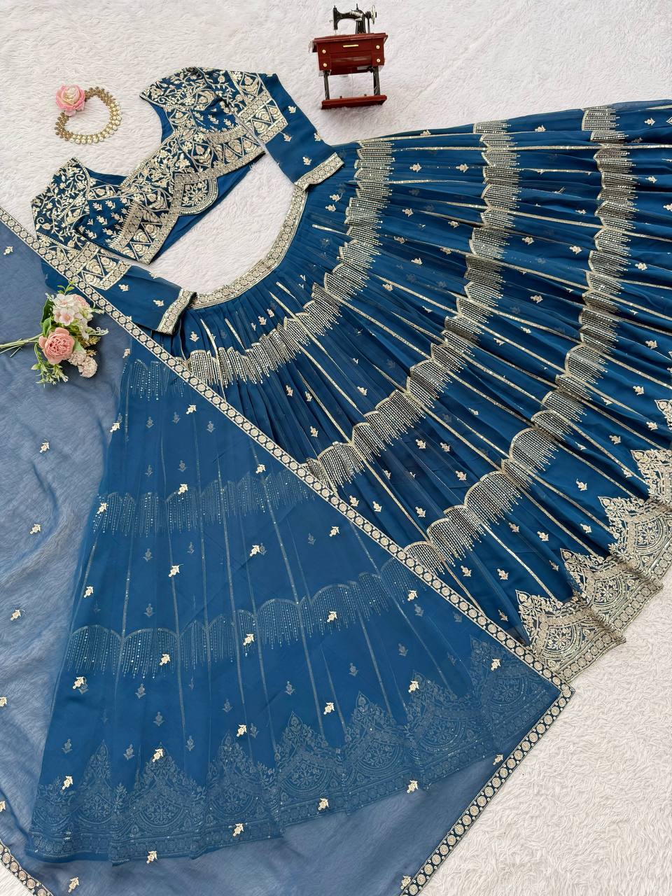 Teal Blue Colour Faux Georgette Fabric Thread Embroidery Lehenga Choli