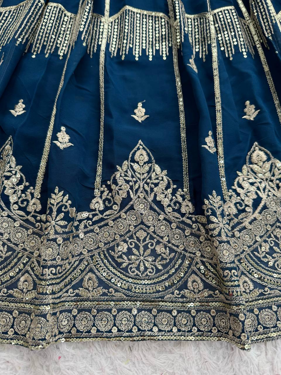 Teal Blue Colour Faux Georgette Fabric Thread Embroidery Lehenga Choli