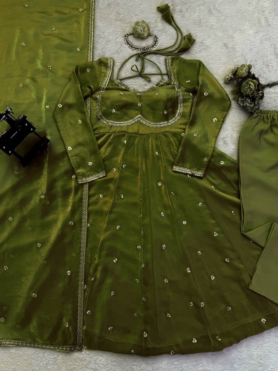 Green Colour Anarkali Gown And Pant With Dupatta Set