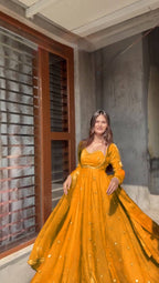 Orange Colour Anarkali Gown And Pant With Dupatta Set