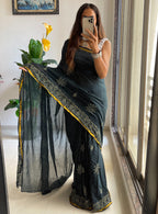 Grey Colour Muslin Cotton Hand Block Printed Saree