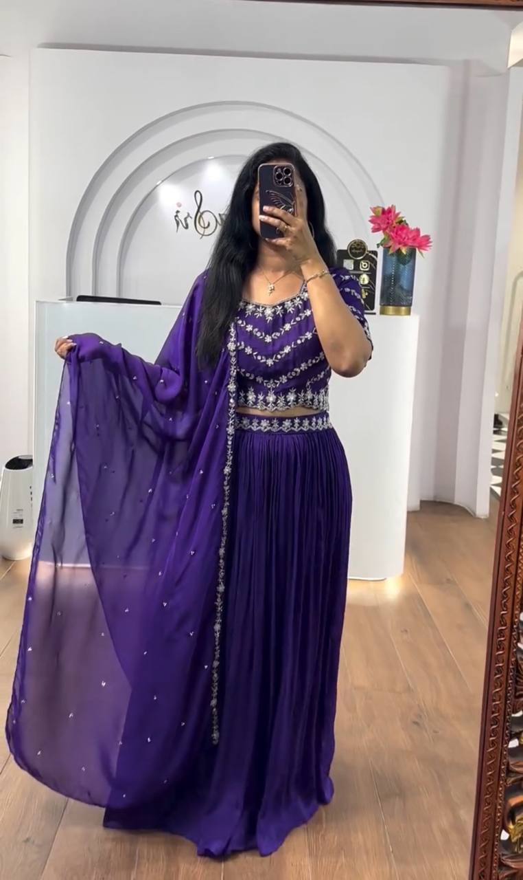 New Arrival Chinon Silk Embroidery Thread Work Lehenga Choli