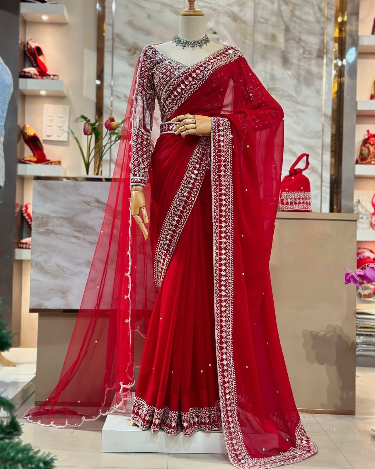 Red Colour Tibby Silk Thread Embroidery Work Saree