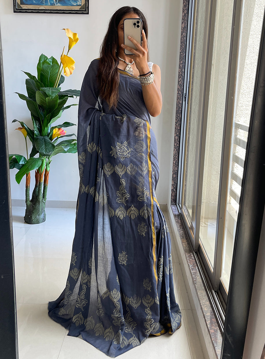 Mulmul Cotton Hand Block Printed Sarees