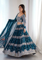 Teal Blue Colour Faux Georgette Fabric Thread Embroidery Lehenga Choli