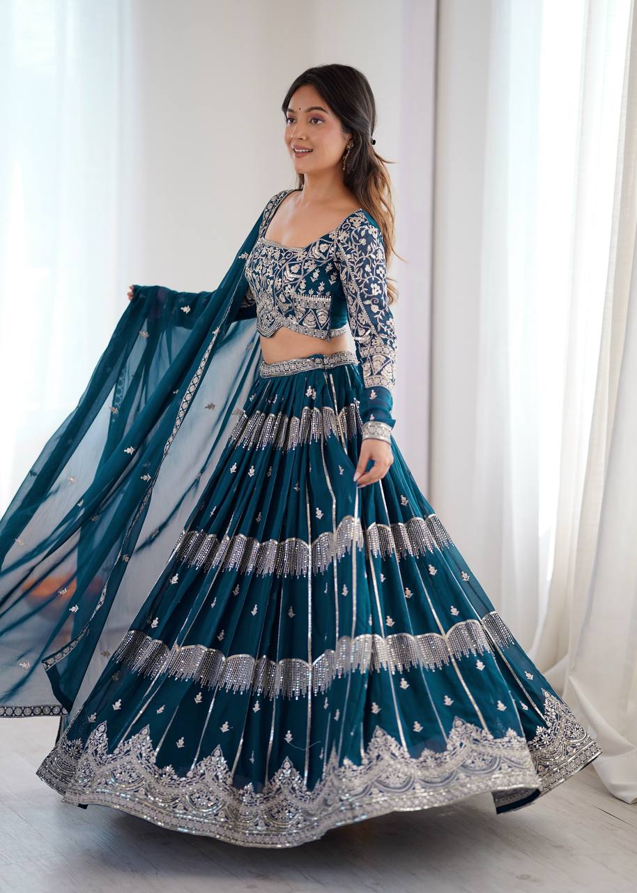 Teal Blue Colour Faux Georgette Fabric Thread Embroidery Lehenga Choli