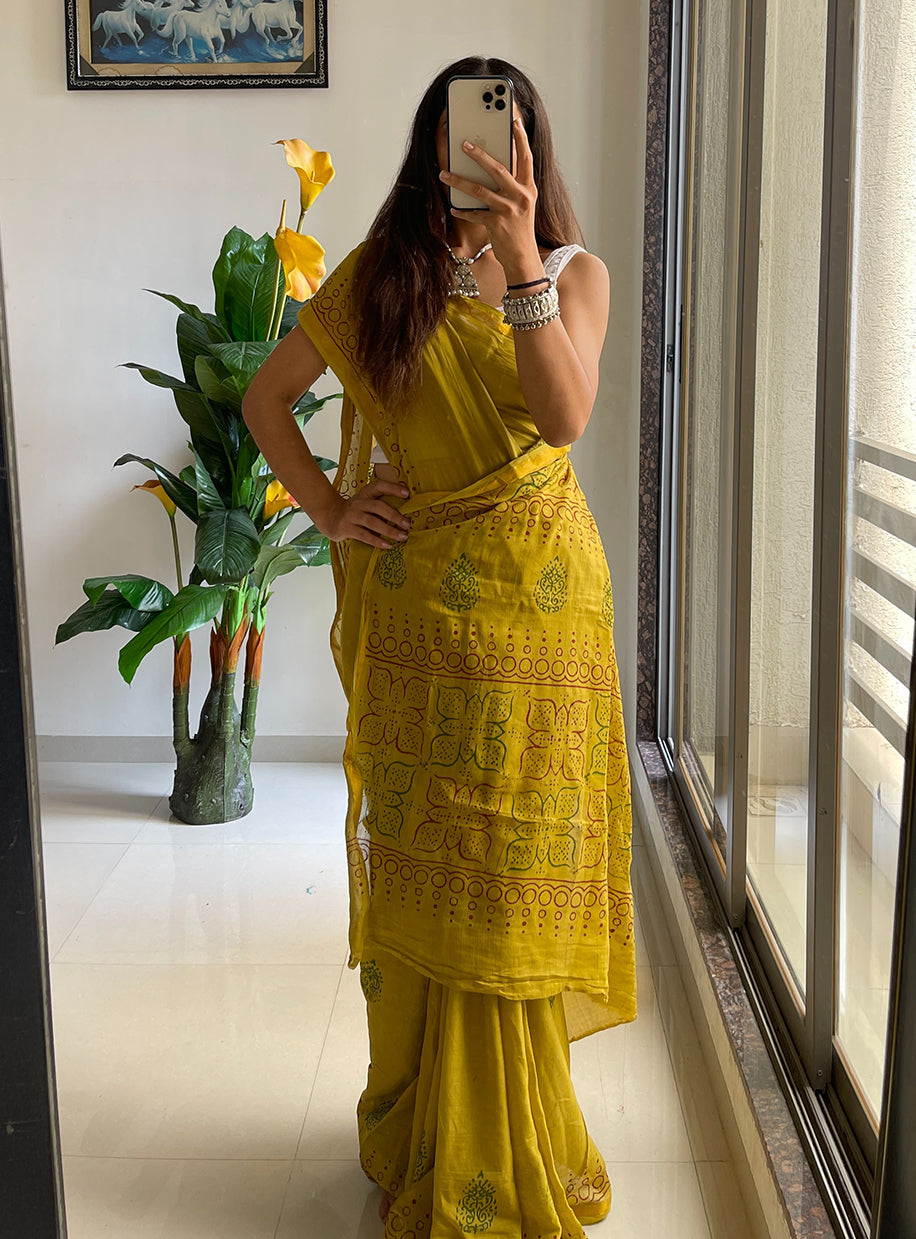 Yellow Colour Muslin Cotton Hand Block Printed Saree