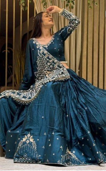 Blue Colour Launching Festival Lehenga Choli Crep Silk