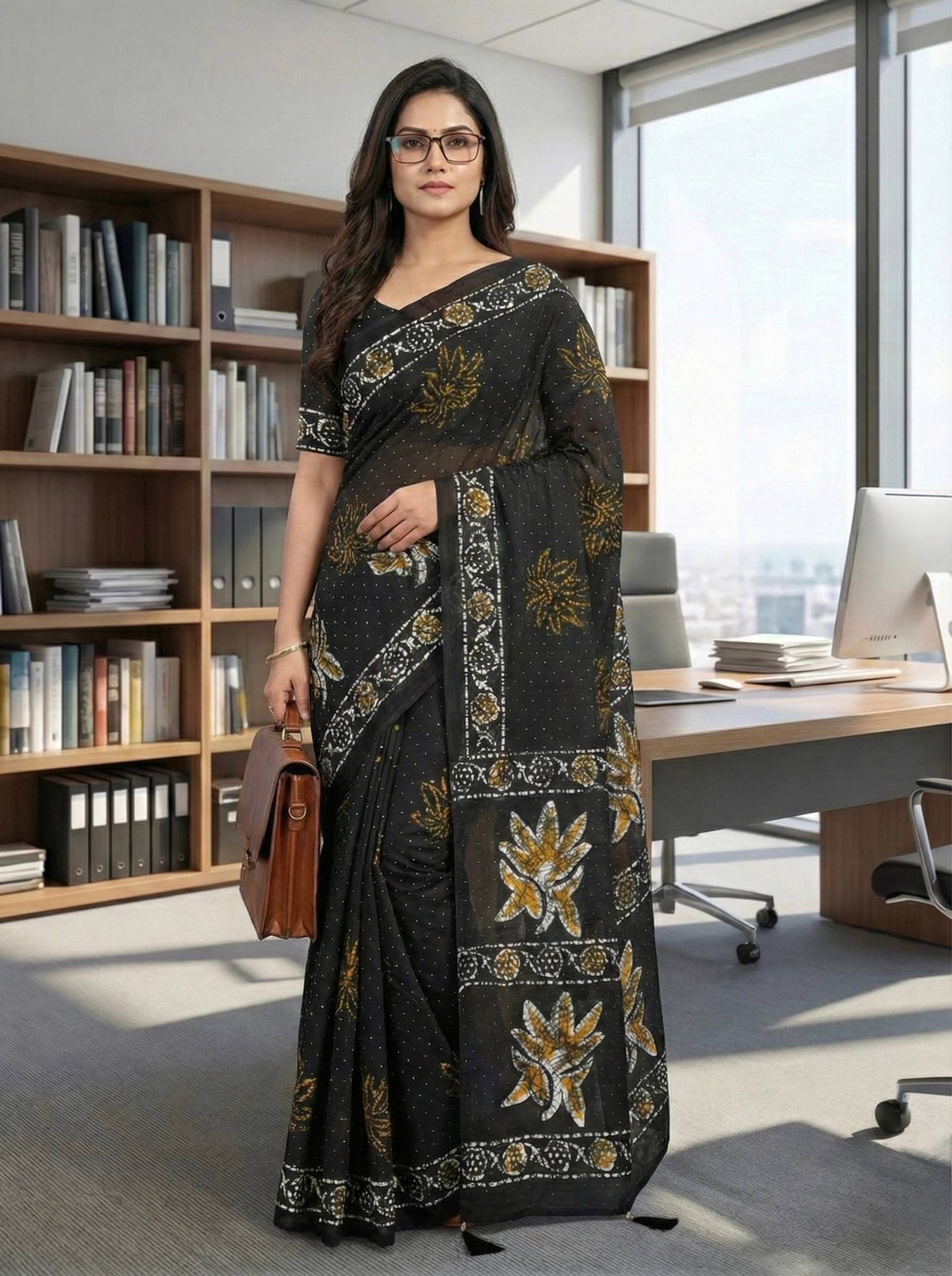 Black Colour New Elegance Trending Hand Block Printed Mulmul Cotton Saree