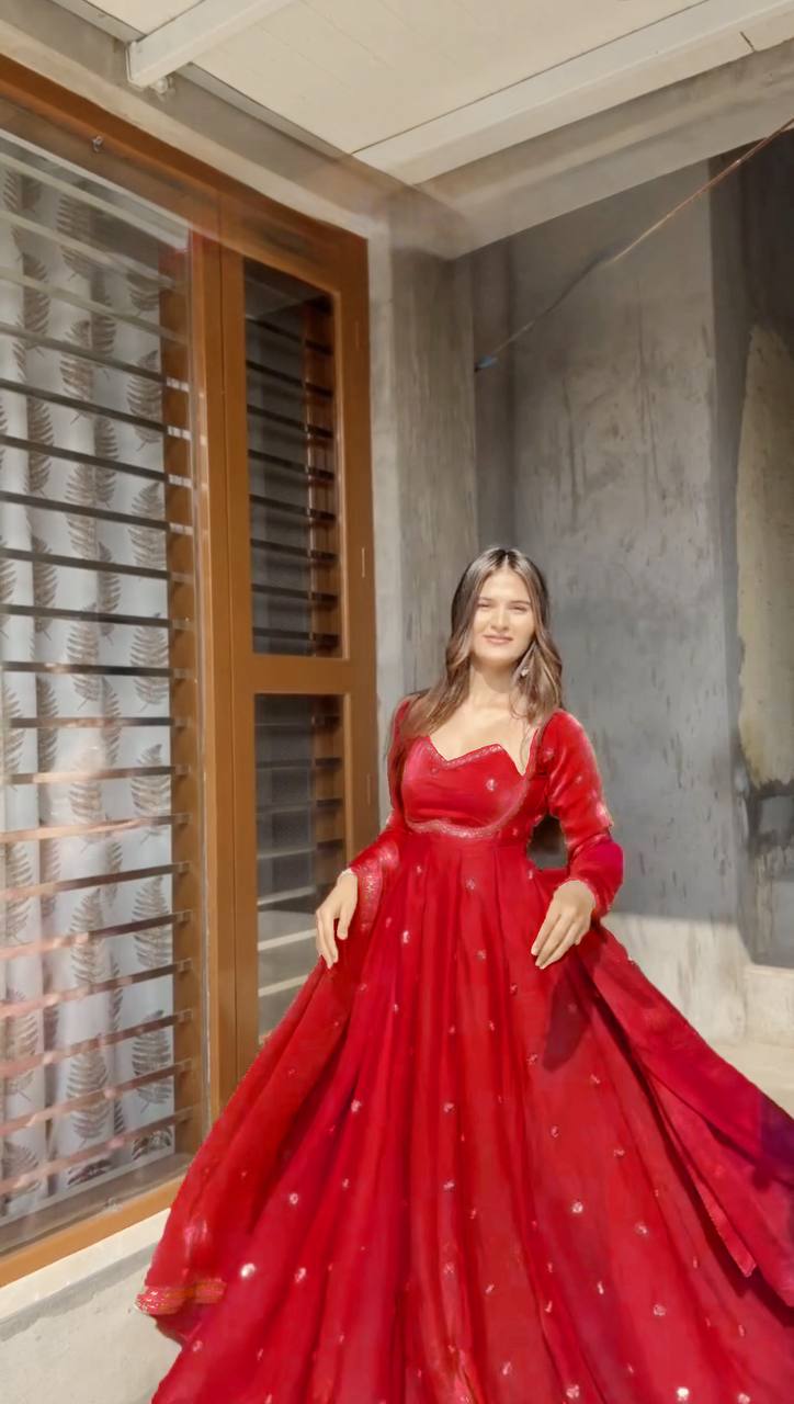 Red Colour Anarkali Gown And Pant With Dupatta Set