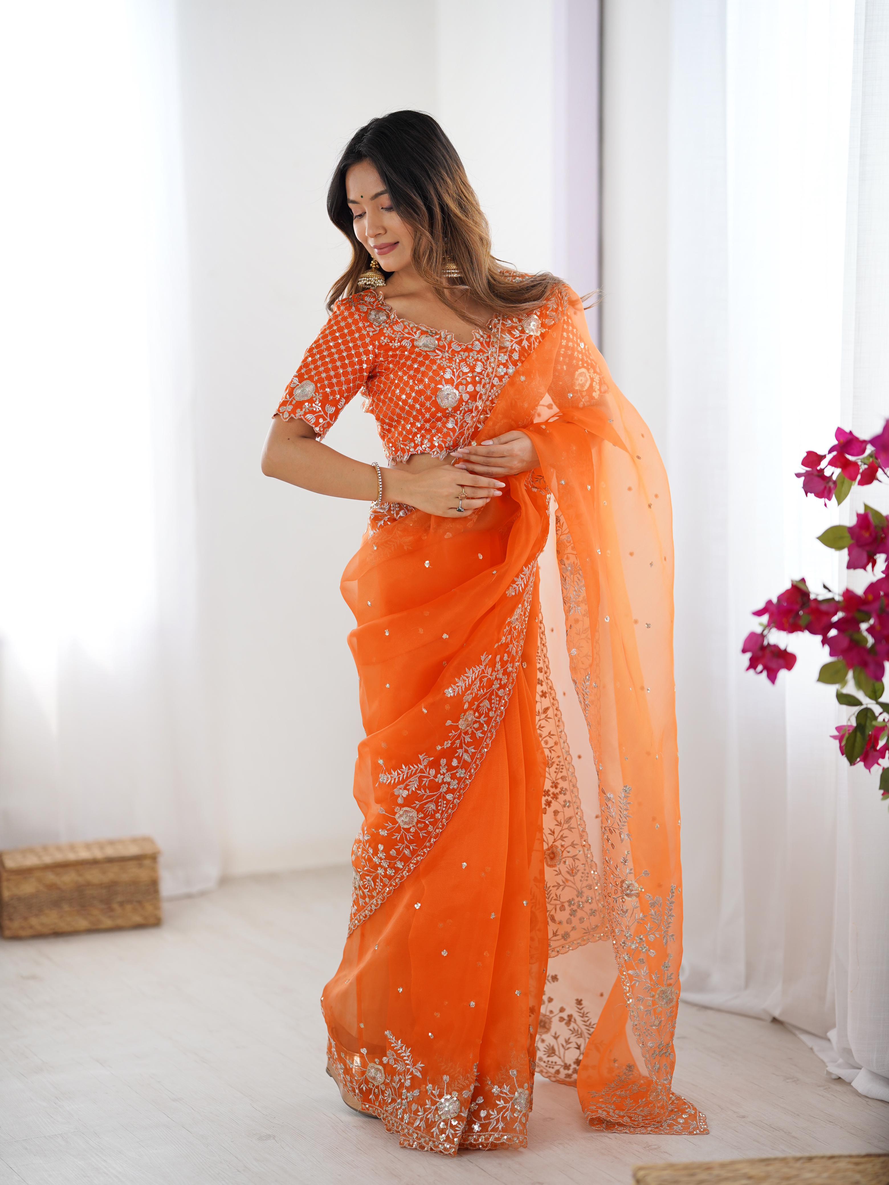 Havy Organza Silk New Elegant Thred And Sequin Embroidery Work Saree