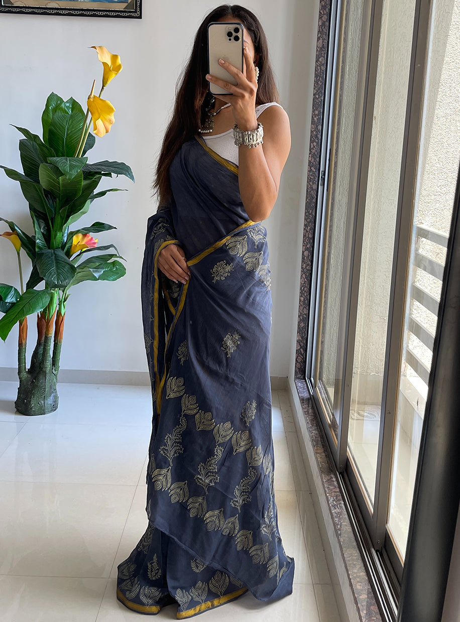 Mulmul Cotton Hand Block Printed Sarees