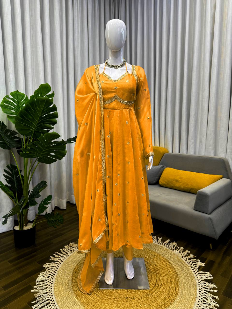 Orange Colour Anarkali Gown And Pant With Dupatta Set