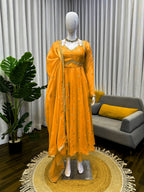 Orange Colour Anarkali Gown And Pant With Dupatta Set