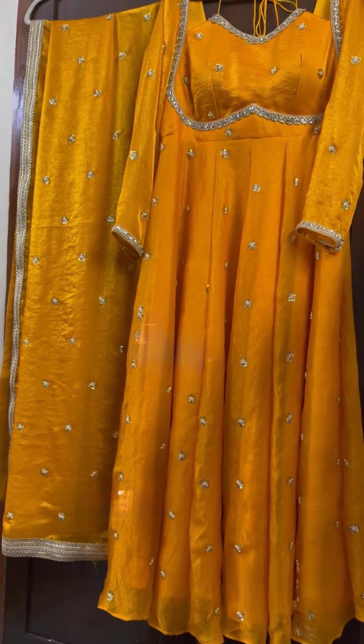 Orange Colour Anarkali Gown And Pant With Dupatta Set