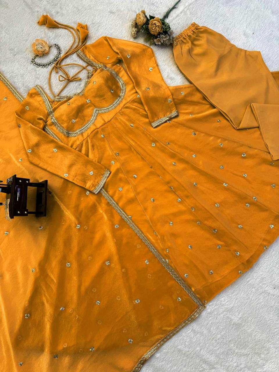 Orange Colour Anarkali Gown And Pant With Dupatta Set