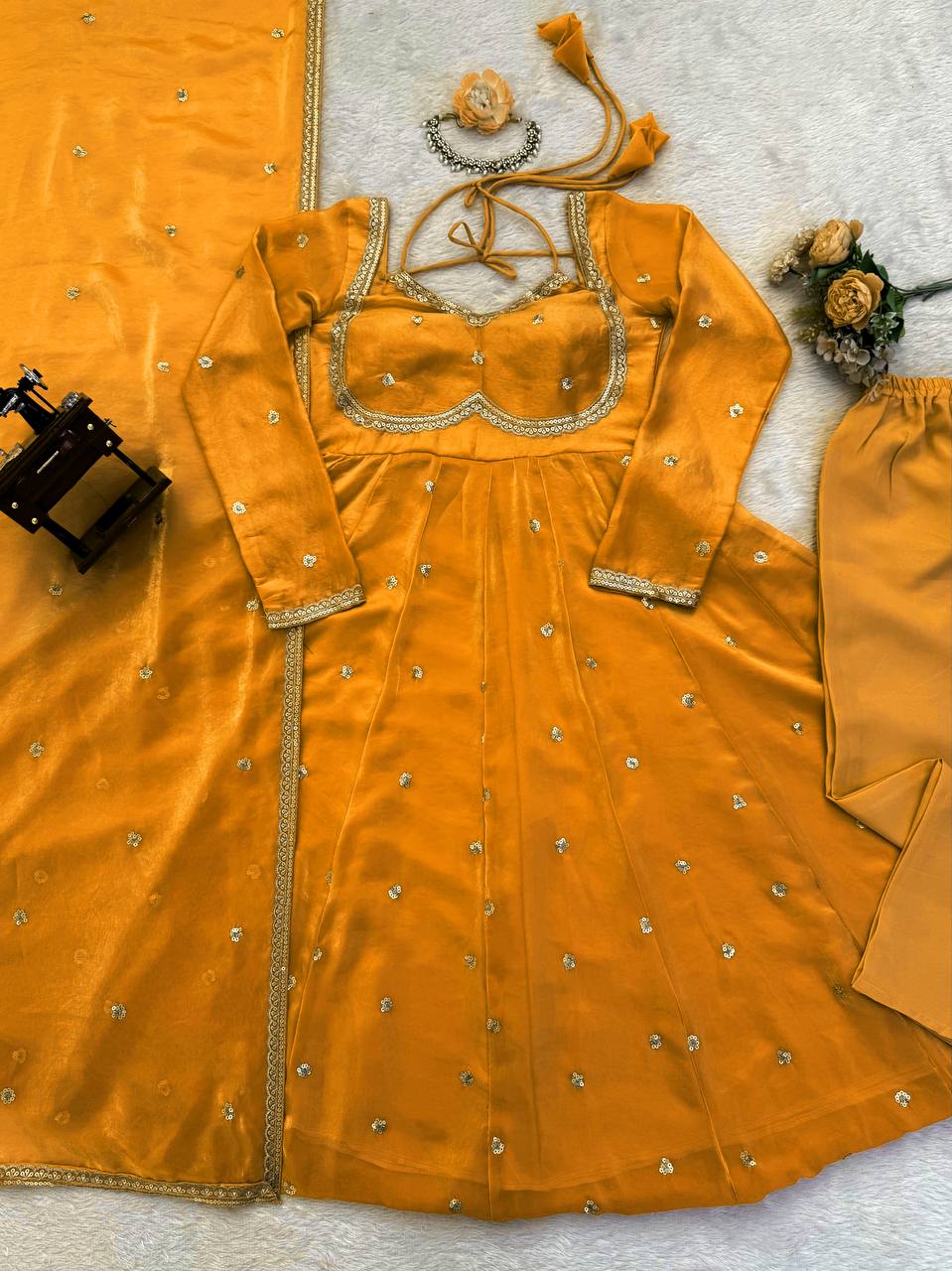 Orange Colour Anarkali Gown And Pant With Dupatta Set