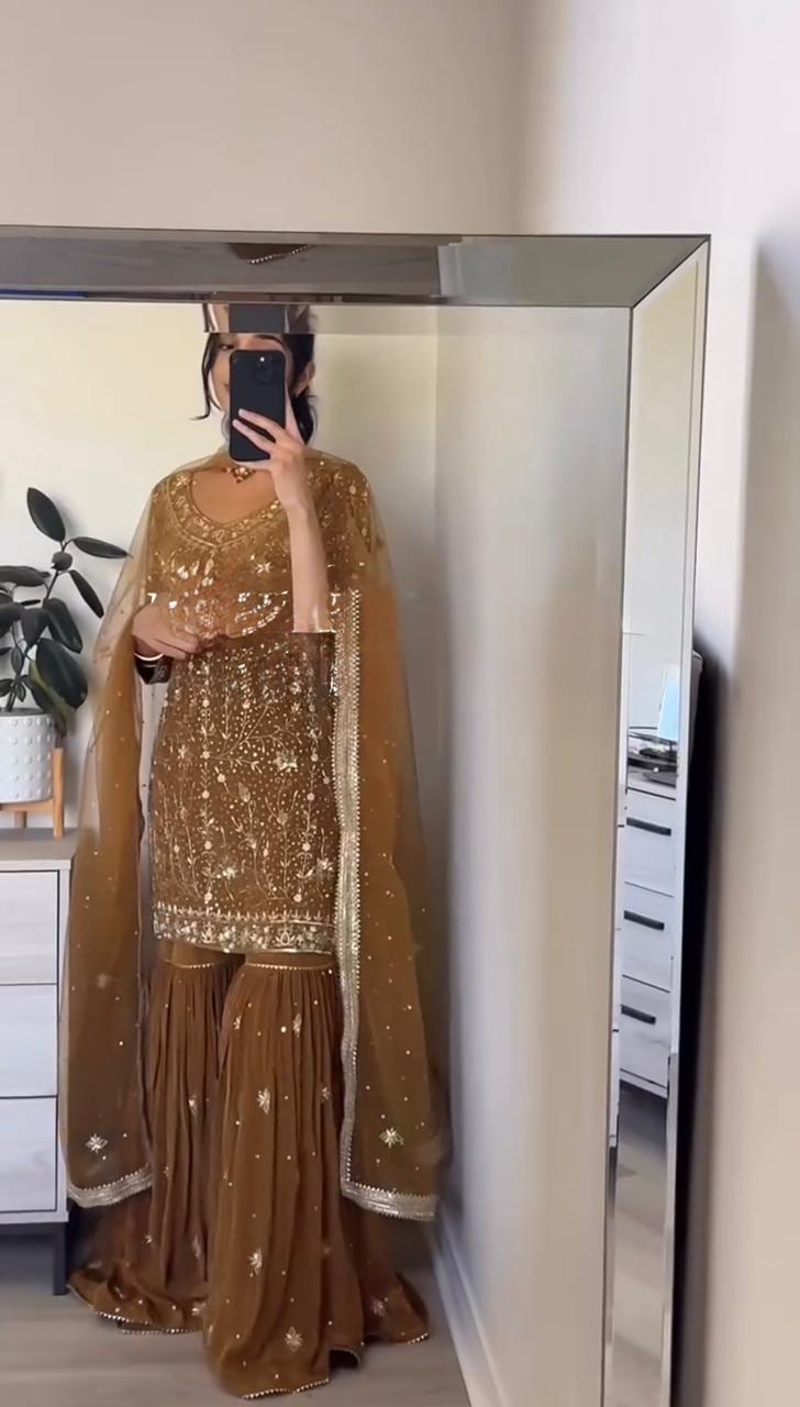 Golden Colour Faux Georgette Kurti-Sharara Set