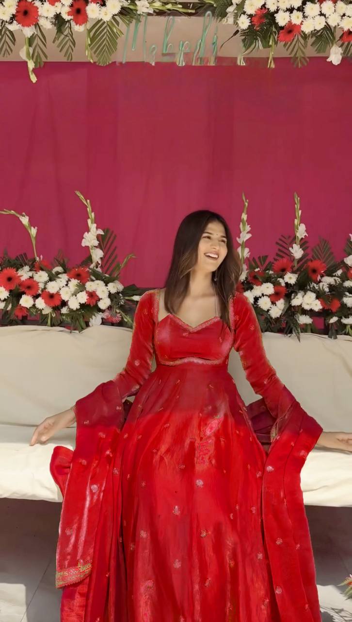 Red Colour Anarkali Gown And Pant With Dupatta Set