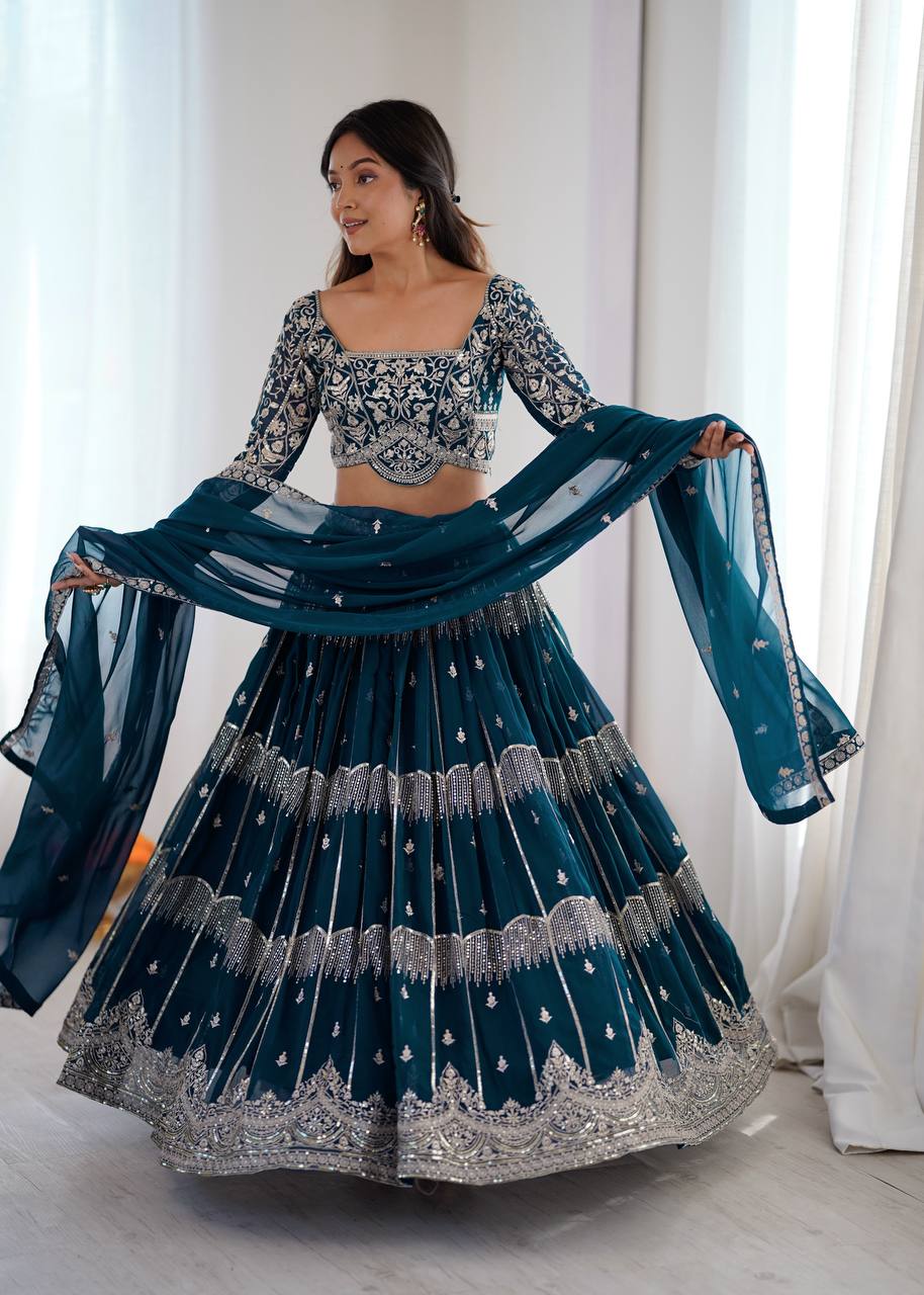 Teal Blue Colour Faux Georgette Fabric Thread Embroidery Lehenga Choli