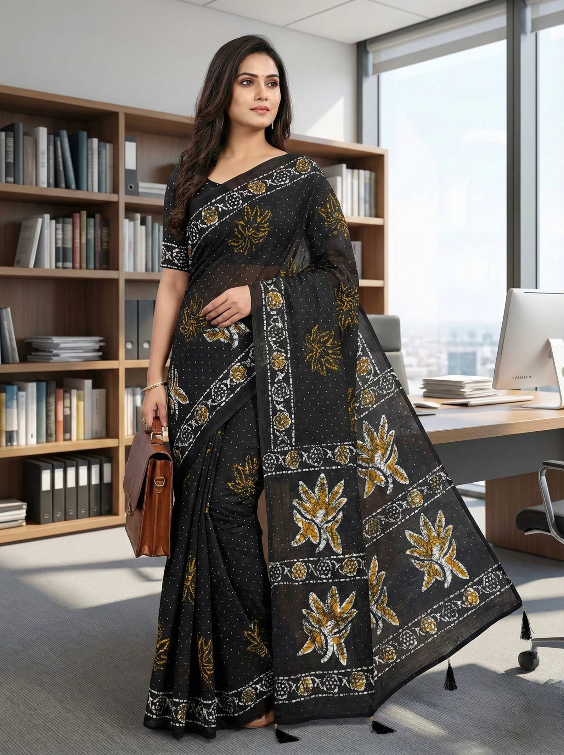 Black Colour New Elegance Trending Hand Block Printed Mulmul Cotton Saree
