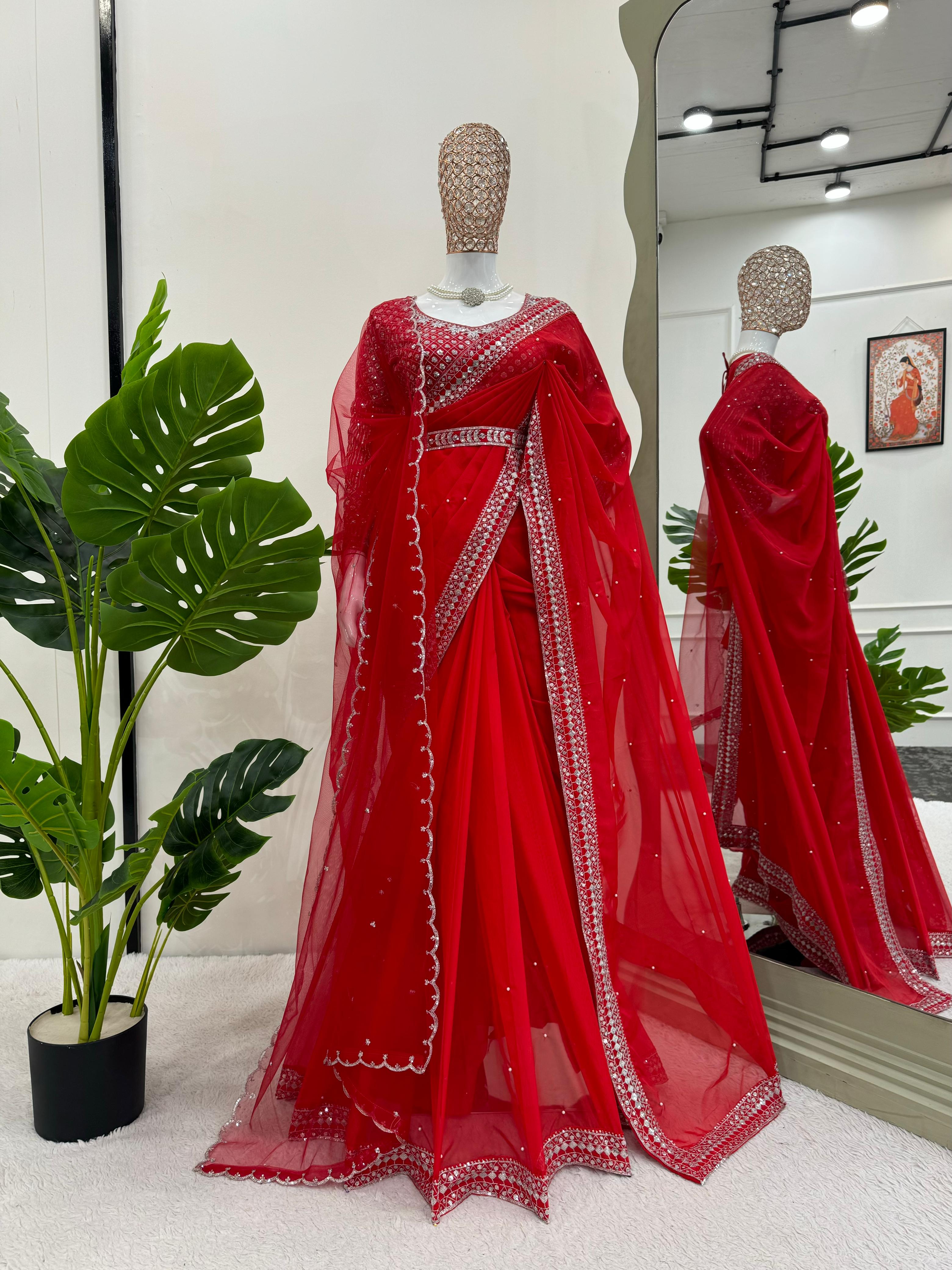 Red Colour Tibby Silk Thread Embroidery Work Saree