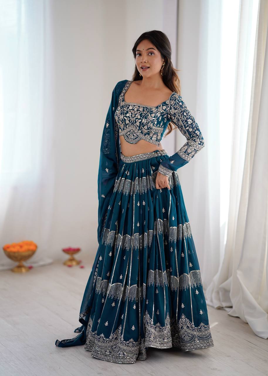 Teal Blue Colour Faux Georgette Fabric Thread Embroidery Lehenga Choli