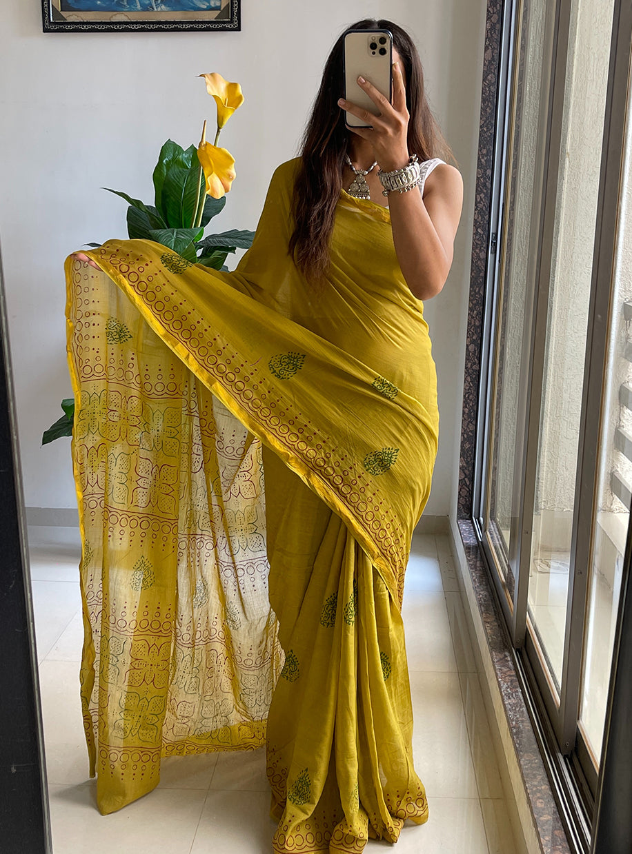 Yellow Colour Muslin Cotton Hand Block Printed Saree