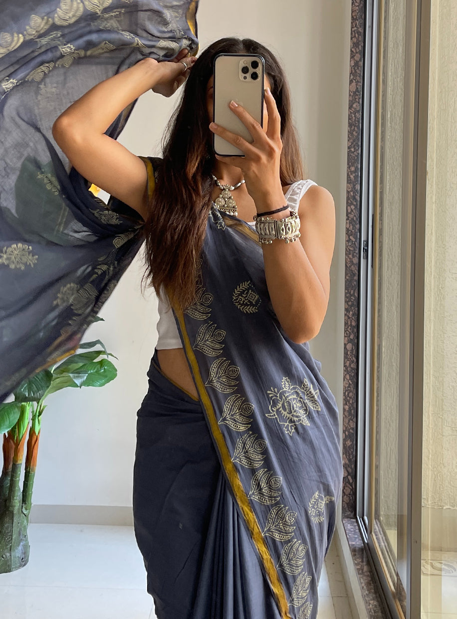 Mulmul Cotton Hand Block Printed Sarees