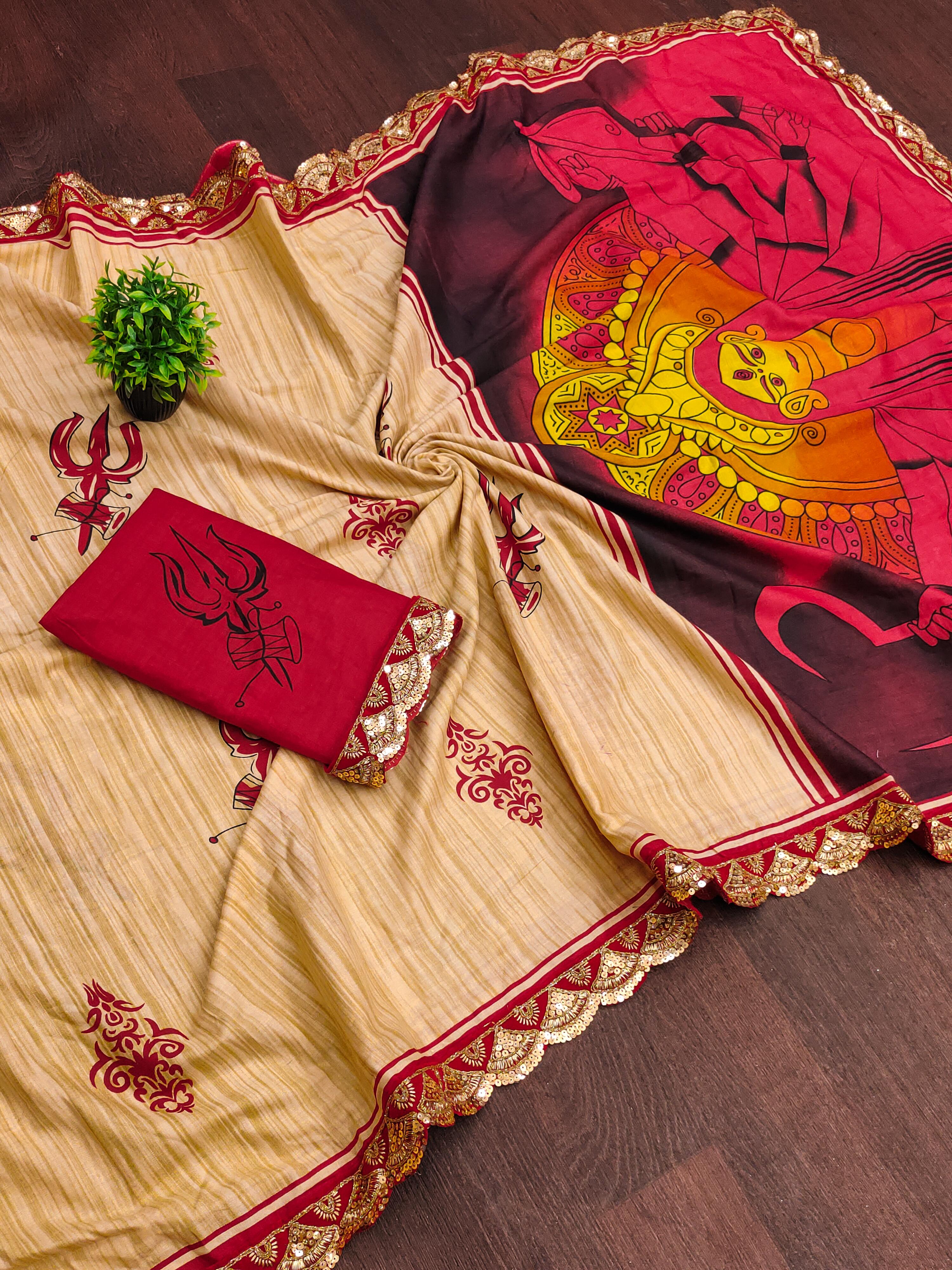 New Brown colour Special Traditional  Hit Design Pure Cotton Mulmul Saree Durga With Hevy Lace Border (Copy)