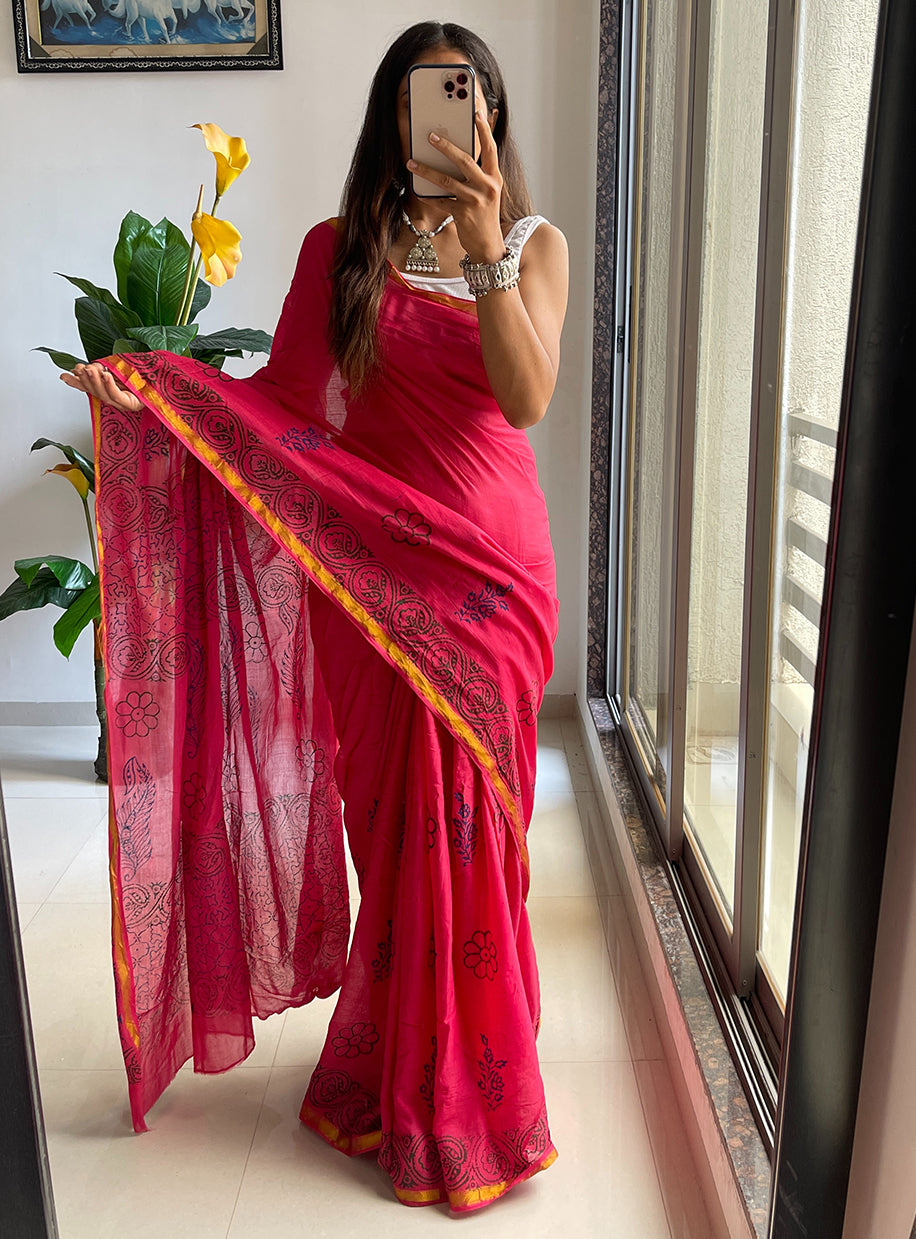Pink Colour Muslin Cotton Hand Block Printed Saree&nbsp;