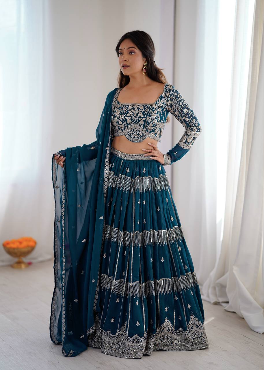 Teal Blue Colour Faux Georgette Fabric Thread Embroidery Lehenga Choli