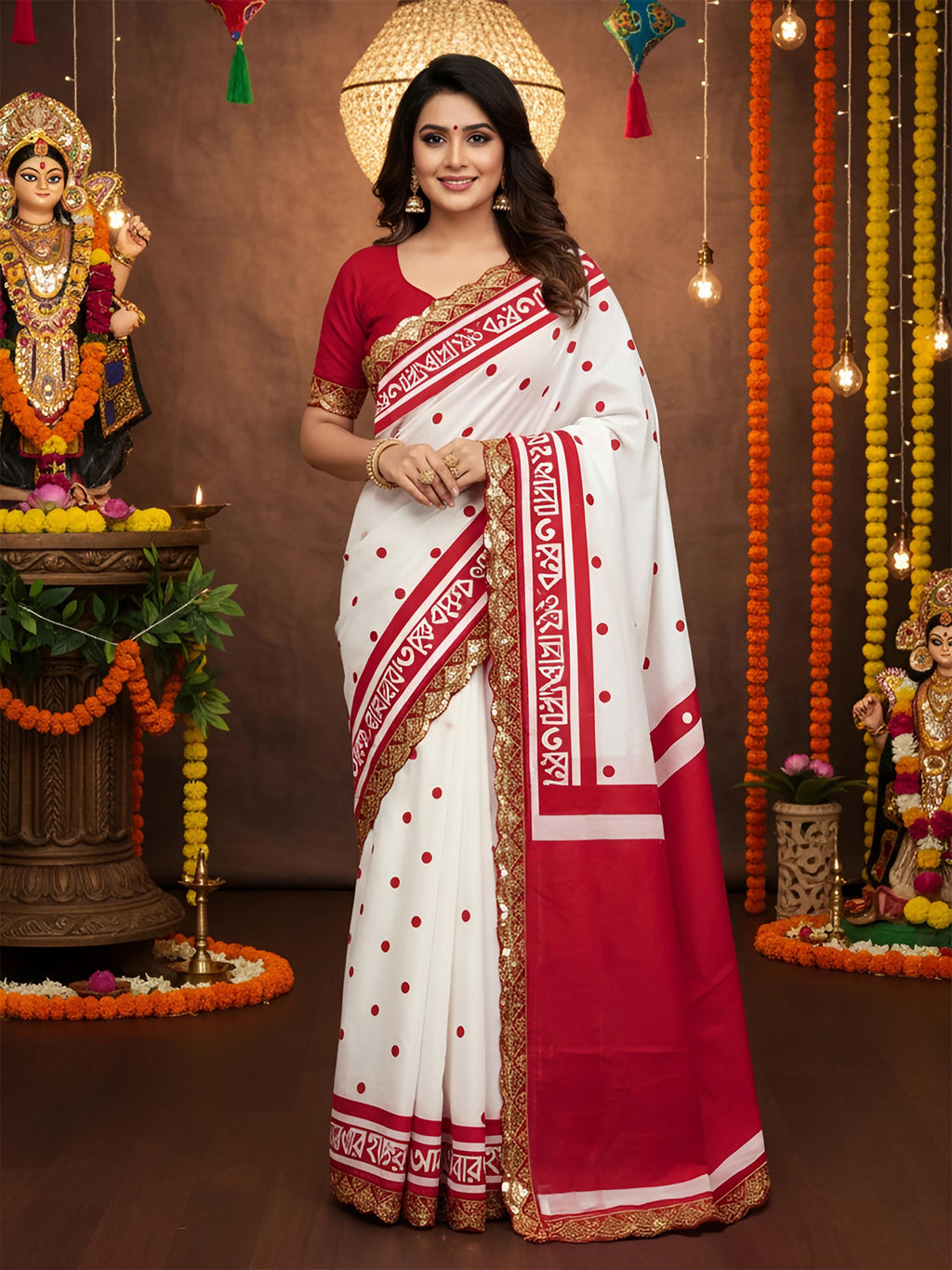 New White colour Special Traditional  Hit Design Pure Cotton Mulmul Saree Durga With Hevy Lace Border (Copy) (Copy)