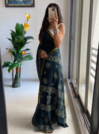 Grey Colour Muslin Cotton Hand Block Printed Saree