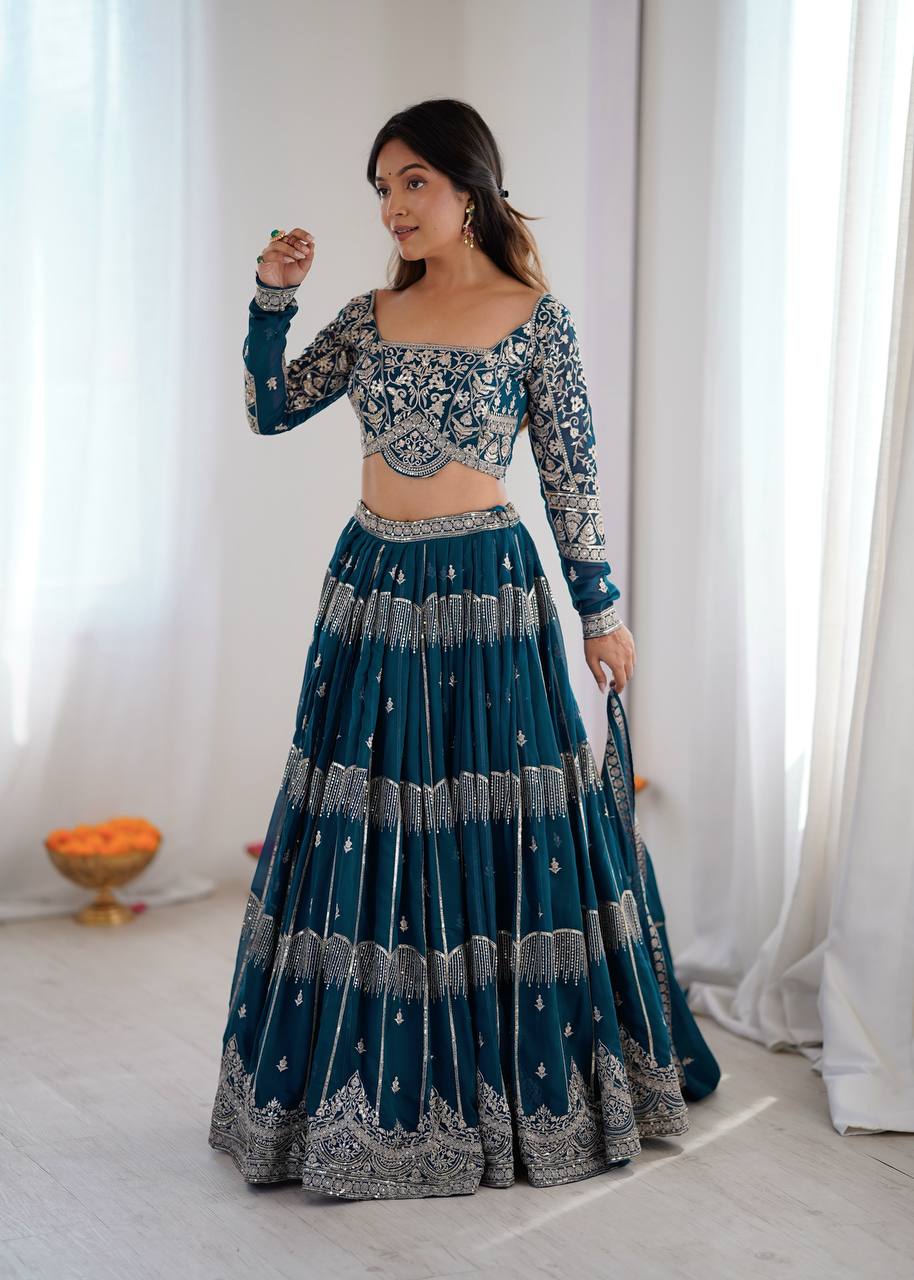 Teal Blue Colour Faux Georgette Fabric Thread Embroidery Lehenga Choli