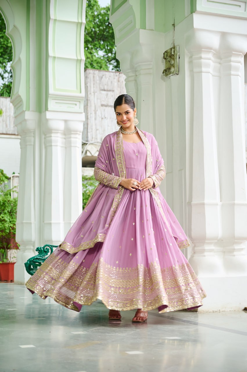 Lavender Georgette With Embroidered Work Gown
