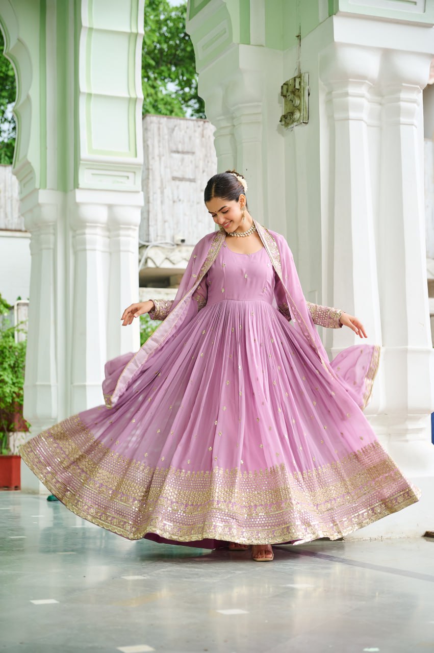 Lavender Georgette With Embroidered Work Gown