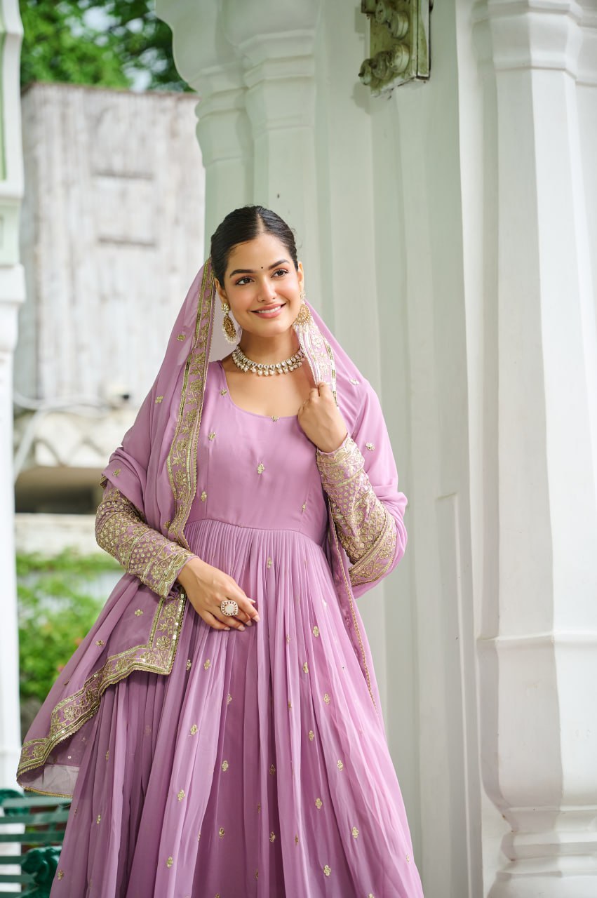 Lavender Georgette With Embroidered Work Gown