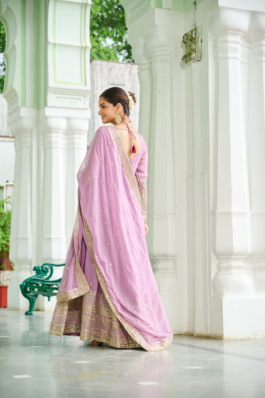 Lavender Georgette With Embroidered Work Gown
