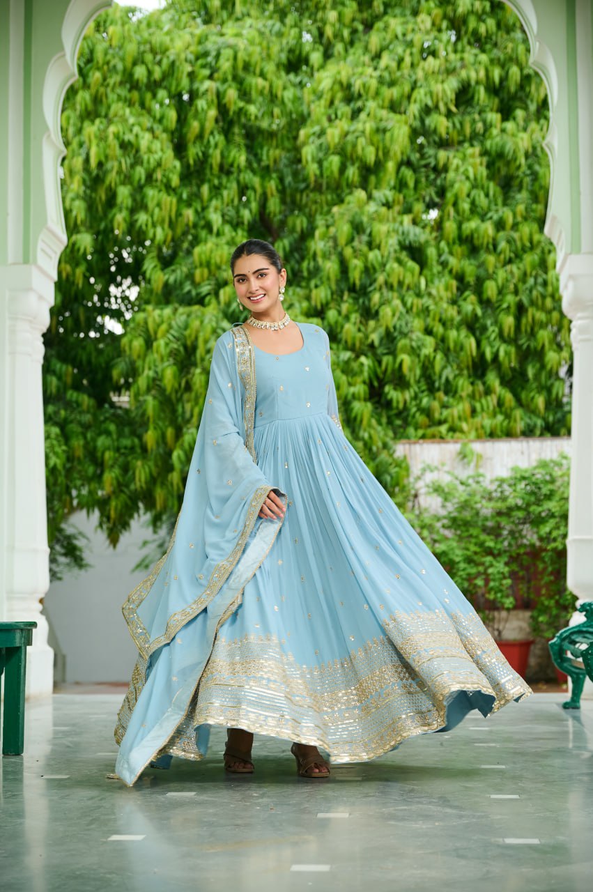 Sky Georgette With Embroidered Work Gown