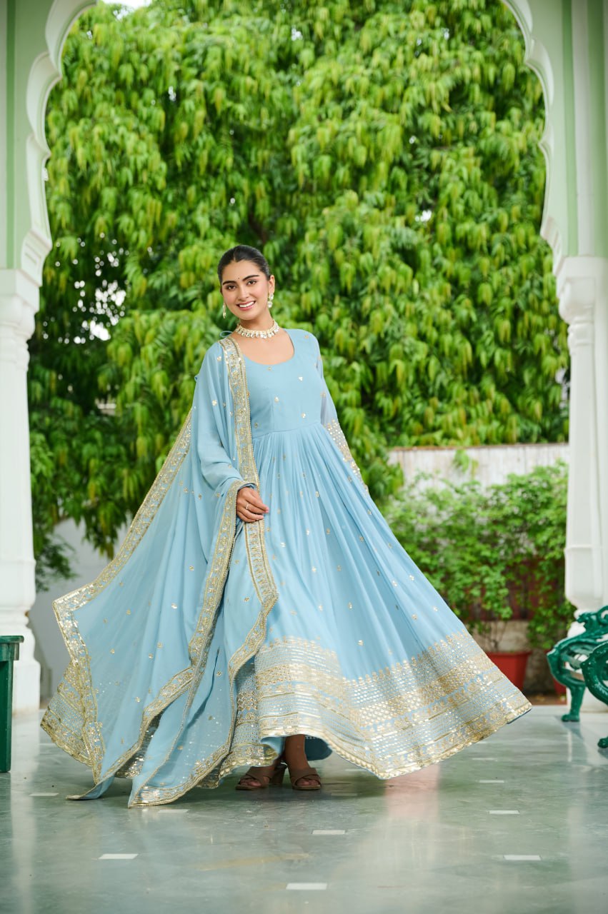 Sky Georgette With Embroidered Work Gown