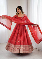 Rust Pure Crunchy Silk Embroidery Jari And Sequence Work Anarkali Gown