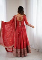 Rust Pure Crunchy Silk Embroidery Jari And Sequence Work Anarkali Gown