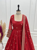 Rust Pure Crunchy Silk Embroidery Jari And Sequence Work Anarkali Gown
